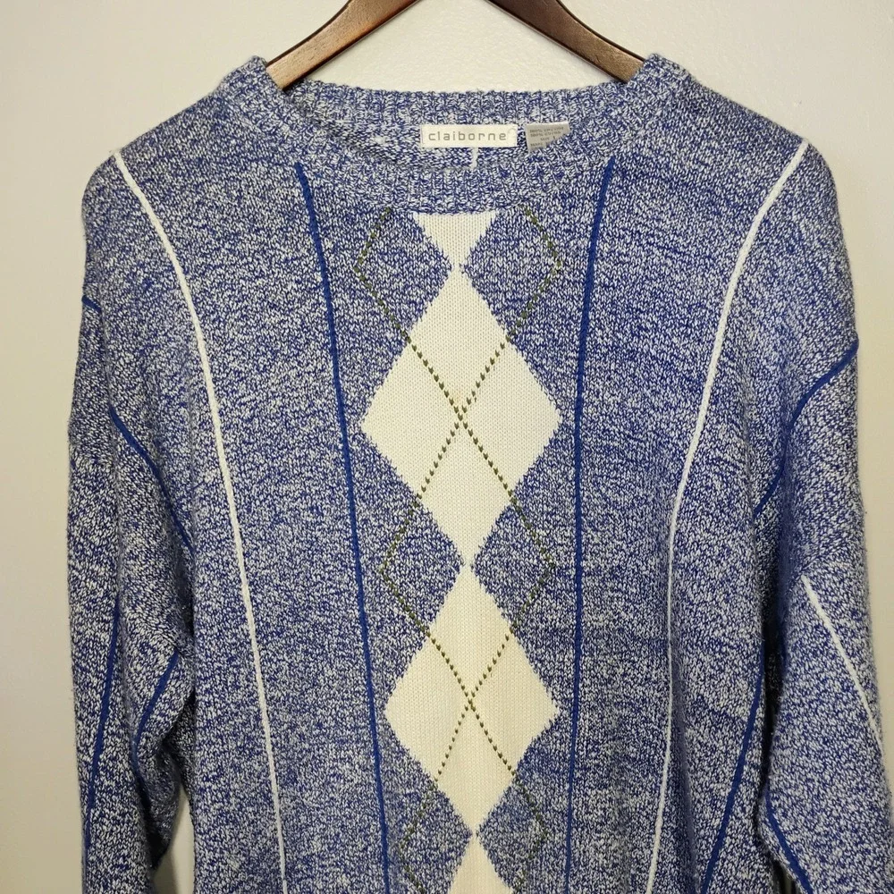 Vintage Claiborne Argyle Knit Sweater Mens Large‎ Blue Preppy Academia Golf